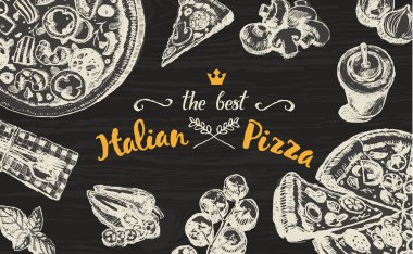 Elle çizilmiş vektör İtalyan pizza blackboard kroki