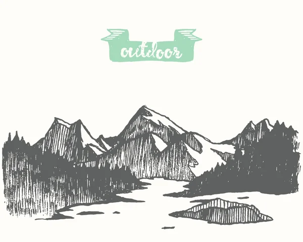 Paysage de montagne dessiné forêt de pins lac vecteur — Image vectorielle