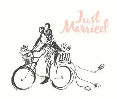 Mutlu gelin damat Bisiklet vektör kroki çizilmiş