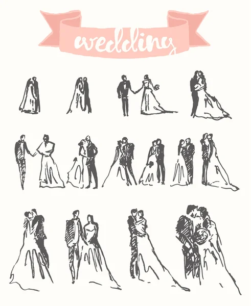 Dibujado novia feliz novio vector ilustración boceto — Vector de stock