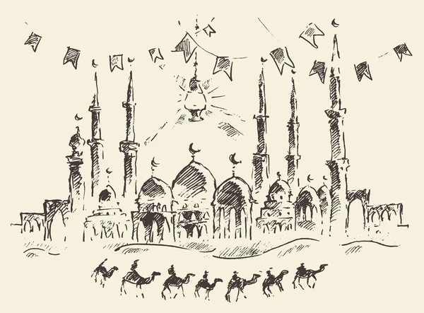 Skyline mosque caravan camels ramadan kareem drawn — Stock Vector