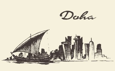 Doha manzarası Dhow Katar vektör el çizilmiş kroki