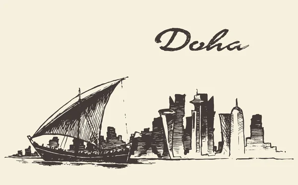 Doha skyline Dhow Qatar vetor desenhado à mão esboço — Vetor de Stock