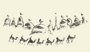 Çizilmiş manzarası Camii kervan deve Ramazan kareem
