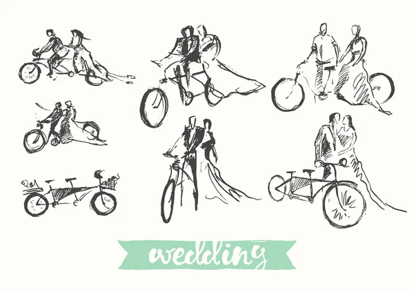 Dibujado novia feliz novio bicicleta vector boceto — Vector de stock