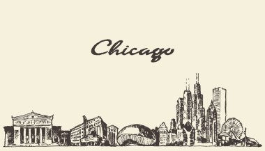 Chicago manzarası vintage resimde çizilmiş kroki