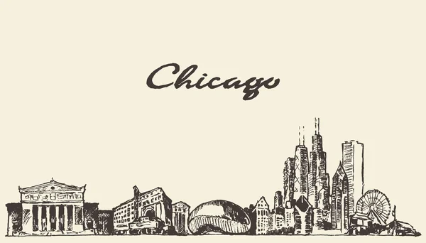 Chicago skyline ilustração vintage esboço desenhado —  Vetores de Stock