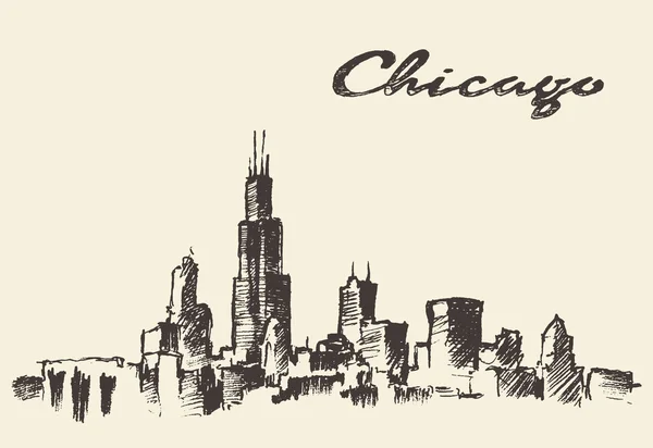 芝加哥天际线复古插画素描画 — 图库矢量图片