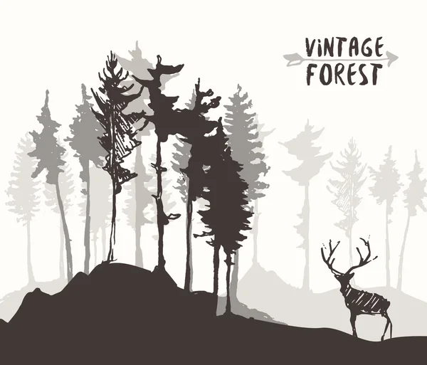 Szkic lasu projekt sosnowego drzewa jelenia rysunek wektor — Wektor stockowy