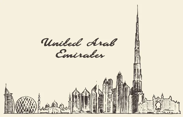 Schizzo disegnato vettore skyline degli Emirati Arabi Uniti — Vettoriale Stock