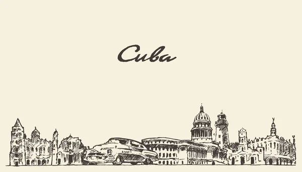 Cuba skyline vector ilustração esboço desenhado à mão — Vetor de Stock