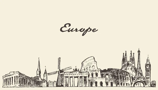 Europa skyline vector ilustración dibujado boceto — Vector de stock