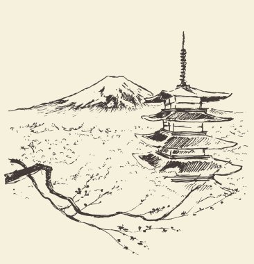 Japonya Fuji Dağı pagoda ve kiraz çiçekleri
