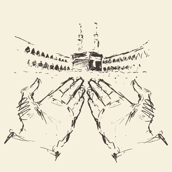 Santa Kaaba La Meca Arabia Saudita manos de oración dibujadas — Archivo Imágenes Vectoriales