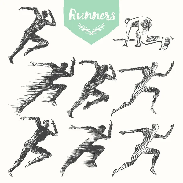 Set of hand drawn runners silhouette running man — Stock Vector