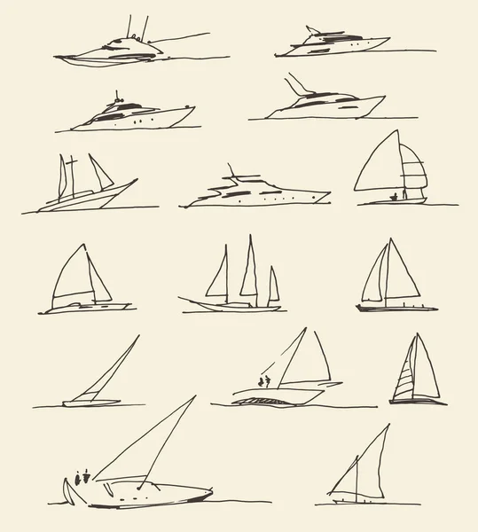Zestaw ręcznie rysowane łodzie, ilustracja wektor — Wektor stockowy