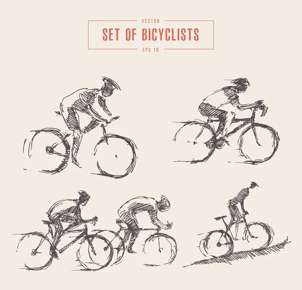 Dibujado ciclista jinete hombres vector boceto — Vector de stock
