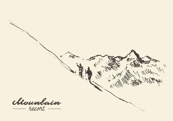 Mensen berg vakantieoord getekend vector illustratie — Stockvector