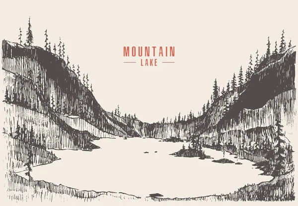 Ilustração vetorial montanha lago pinheiro floresta desenhar —  Vetores de Stock