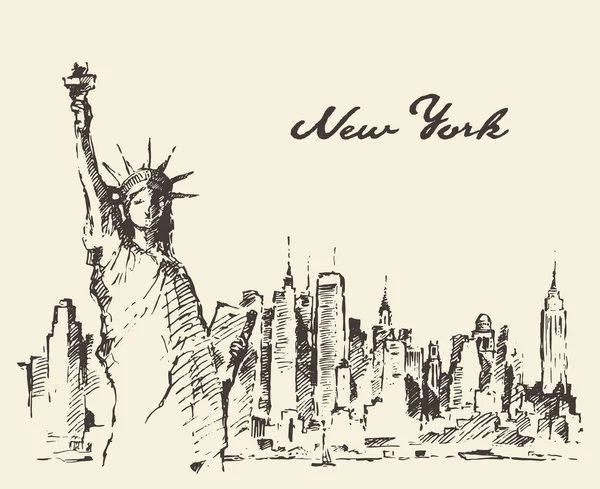 Ciudad de Nueva York con dibujo vectorial Estatua de la Libertad — Vector de stock