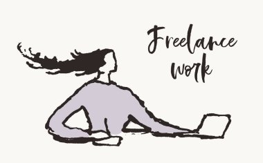 Serbest çalışan kadın dizüstü bilgisayar elle çizilmiş vektör