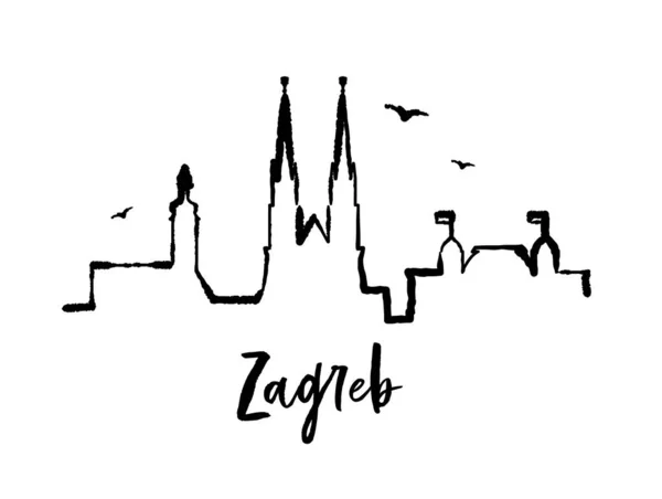 Skyline Zagreb Hırvatistan tek çizgi mürekkep vektör kenti — Stok Vektör