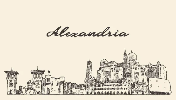 Skyline di Alessandria Egitto disegno vettoriale disegnato a mano — Vettoriale Stock