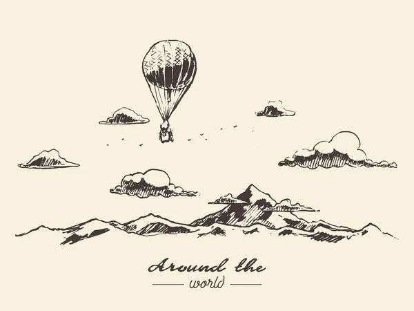 Luftballon Berge Abenteuer Vektor-Skizze — Stockvektor