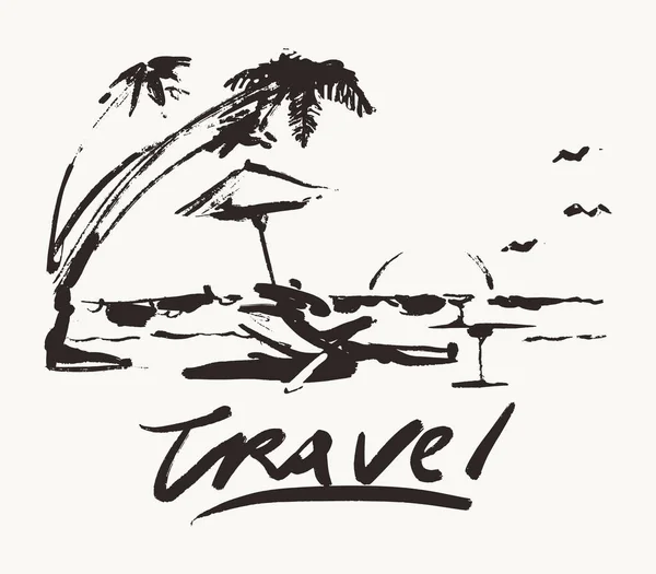 Travel vacation beach sea palm vector sketch —  Vetores de Stock