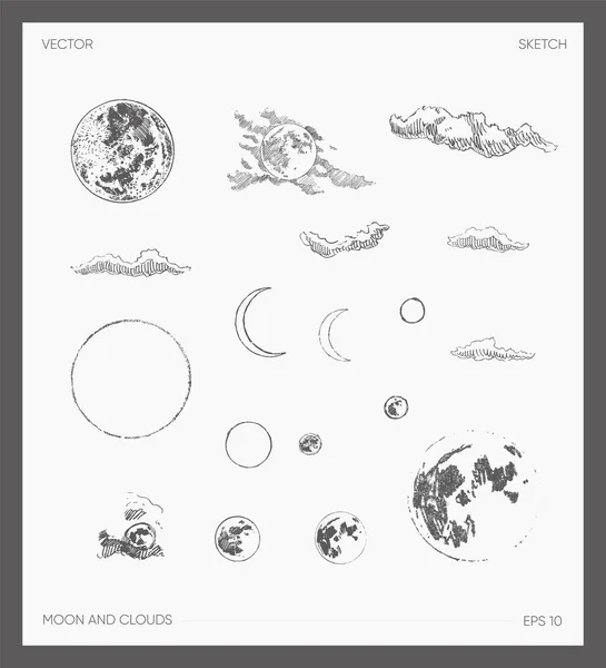 Set of high detail drawn vector moon clouds sketch — Stock Vector