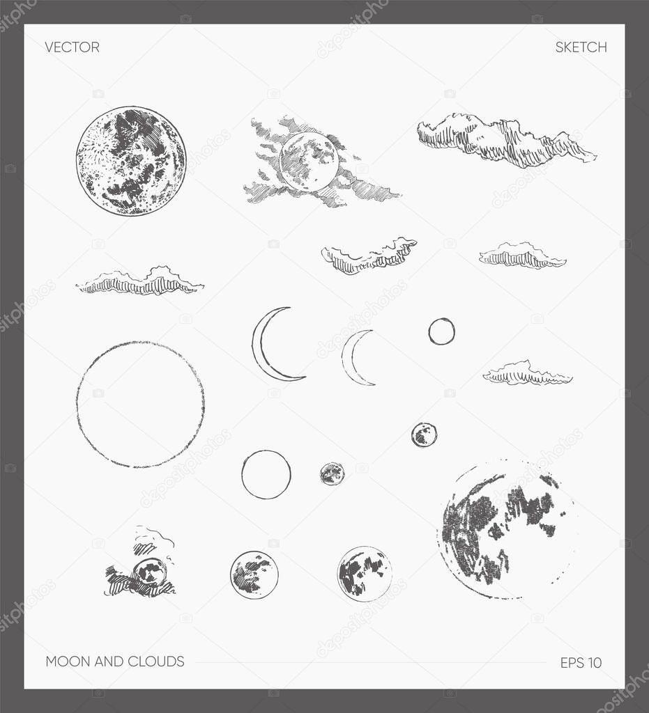 Set of high detail drawn vector moon clouds sketch