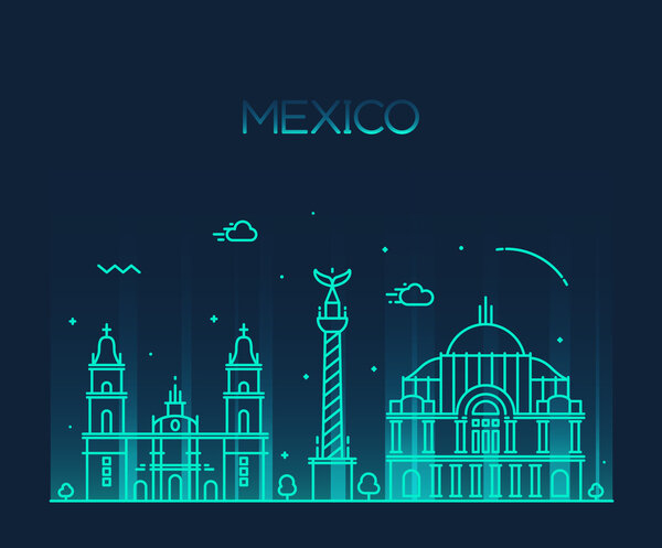 Mexico City skyline detailed silhouette. Trendy vector illustration, line art style.