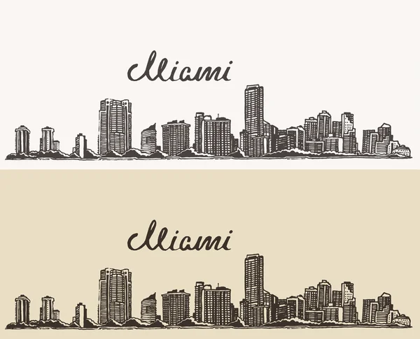 Skyline Miami dibujado a mano — Archivo Imágenes Vectoriales