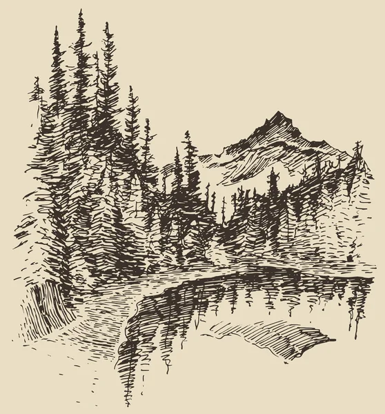 Paisaje dibujado a mano con río — Archivo Imágenes Vectoriales