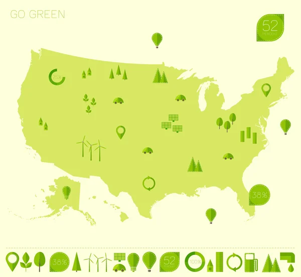 Mapa de Estados Unidos con elementos ecológicos — Vector de stock