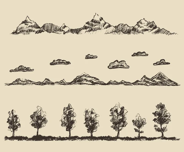 Amanecer dibujado a mano en montañas — Archivo Imágenes Vectoriales