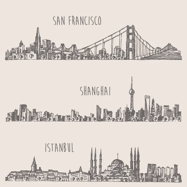 Szkic miasta Shanghai Istanbul San Francisco — Wektor stockowy