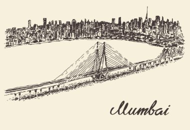 Mumbai manzarası vintage vektör illüstrasyon kroki