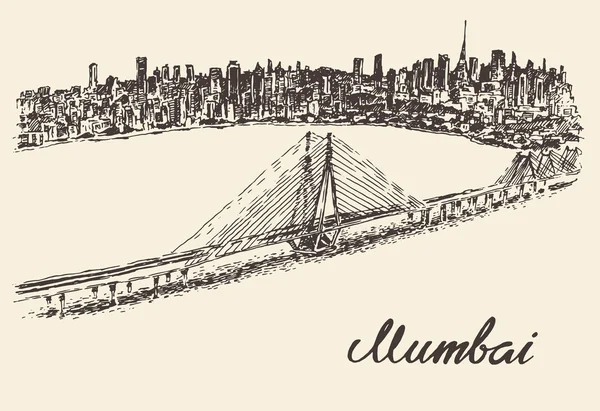 Mumbai skyline vintage vektor illustration skiss — Stock vektor