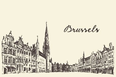 Streets in Brussels vector engraved drawn sketch clipart