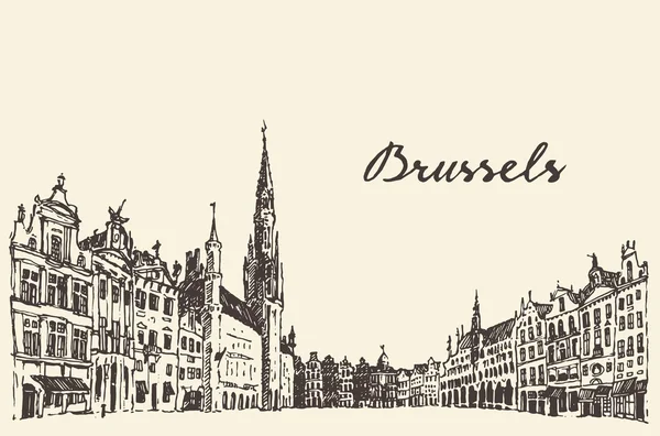Streets in Brussels vector engraved drawn sketch — Stockový vektor