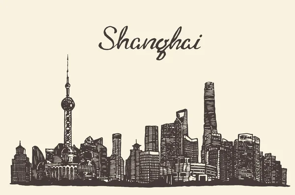 Shanghai skyline vector engraved drawn sketch