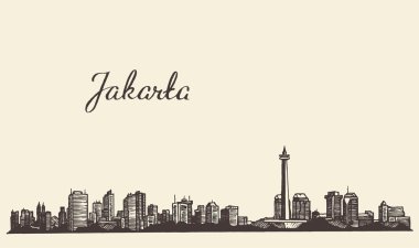 Jakarta skyline engraved illustration drawn sketch