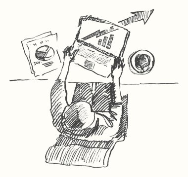 Sketch man computer office work drawn top view