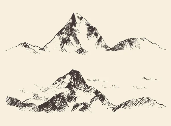 Dağlar çizilmiş vektör oyma hatlarını eskiz — Stok Vektör
