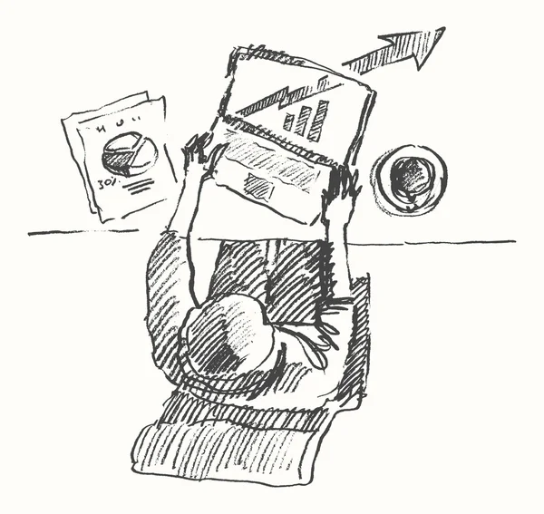 Sketch man computer office work drawn top view — 图库矢量图片