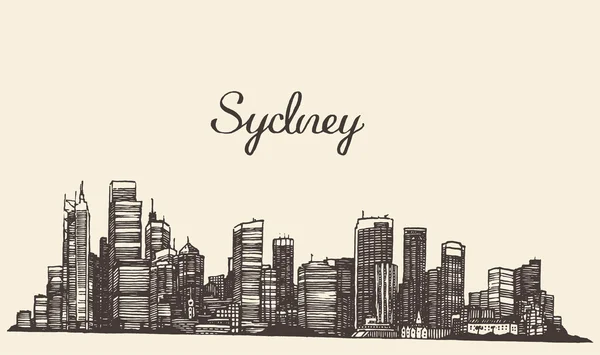 Sydney skyline gravado esboço desenhado à mão — Vetor de Stock