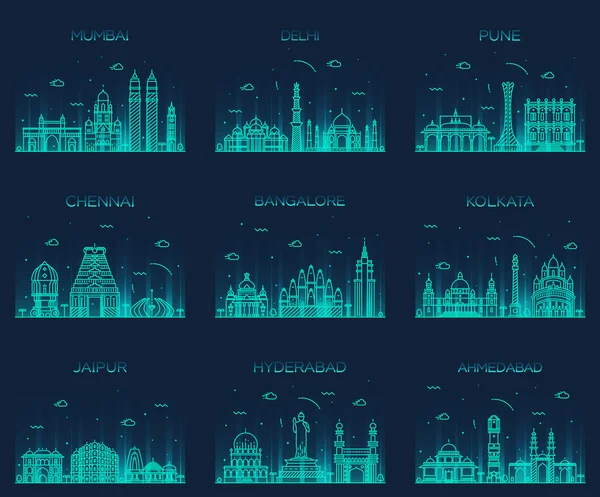 Set de skylines indios Mumbai Delhi Jaipur Kolkata — Archivo Imágenes Vectoriales