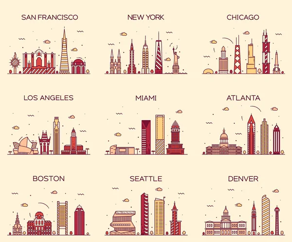 Ciudades americanas skyline trendy illustration linear — Vector de stock