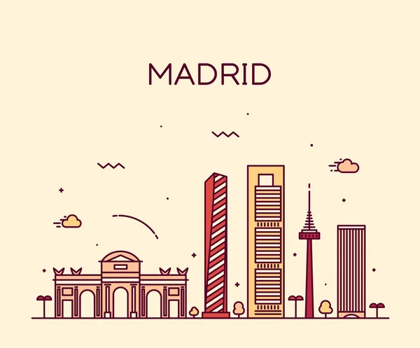 Skyline di Madrid trendy illustrazione vettoriale lineare — Vettoriale Stock